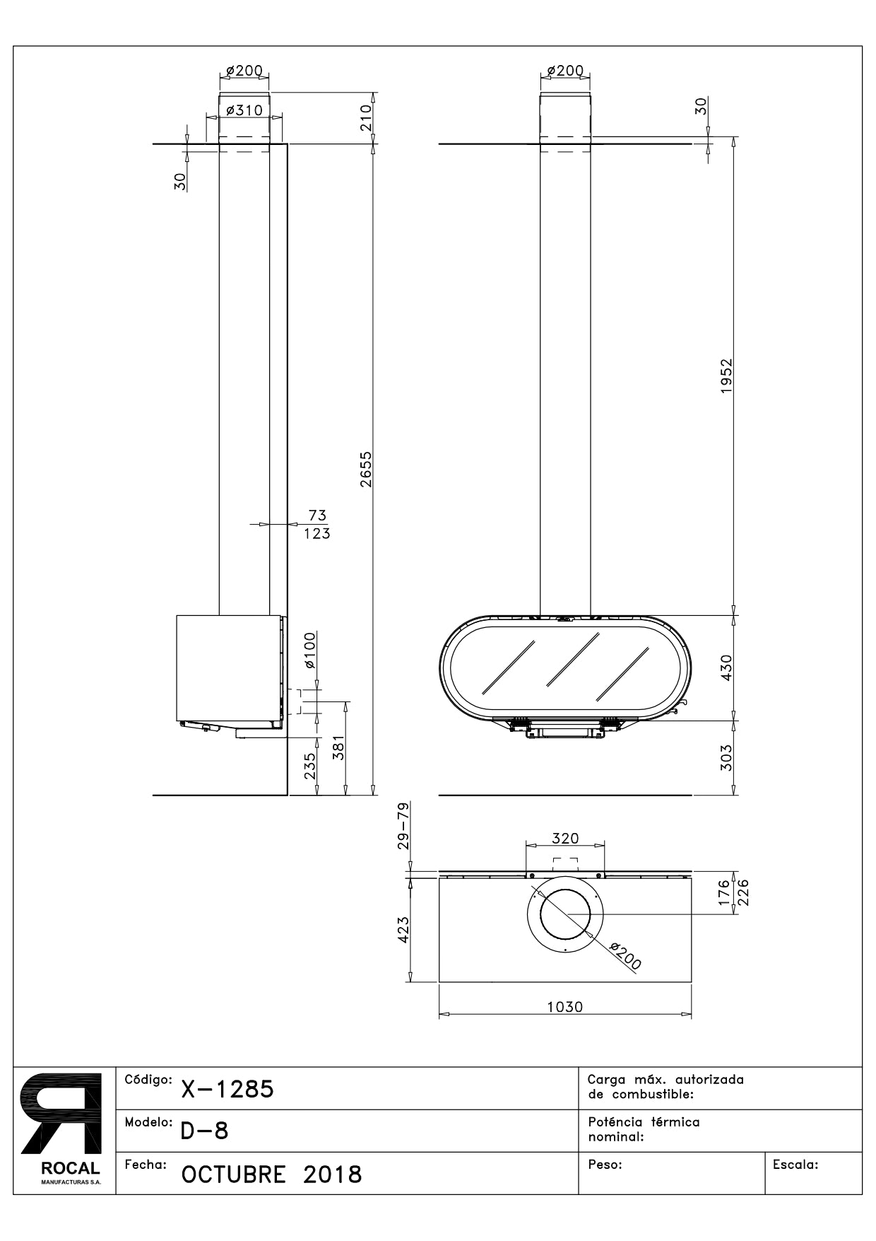 Rocal D8 Horizontal Face Wood Fireplace