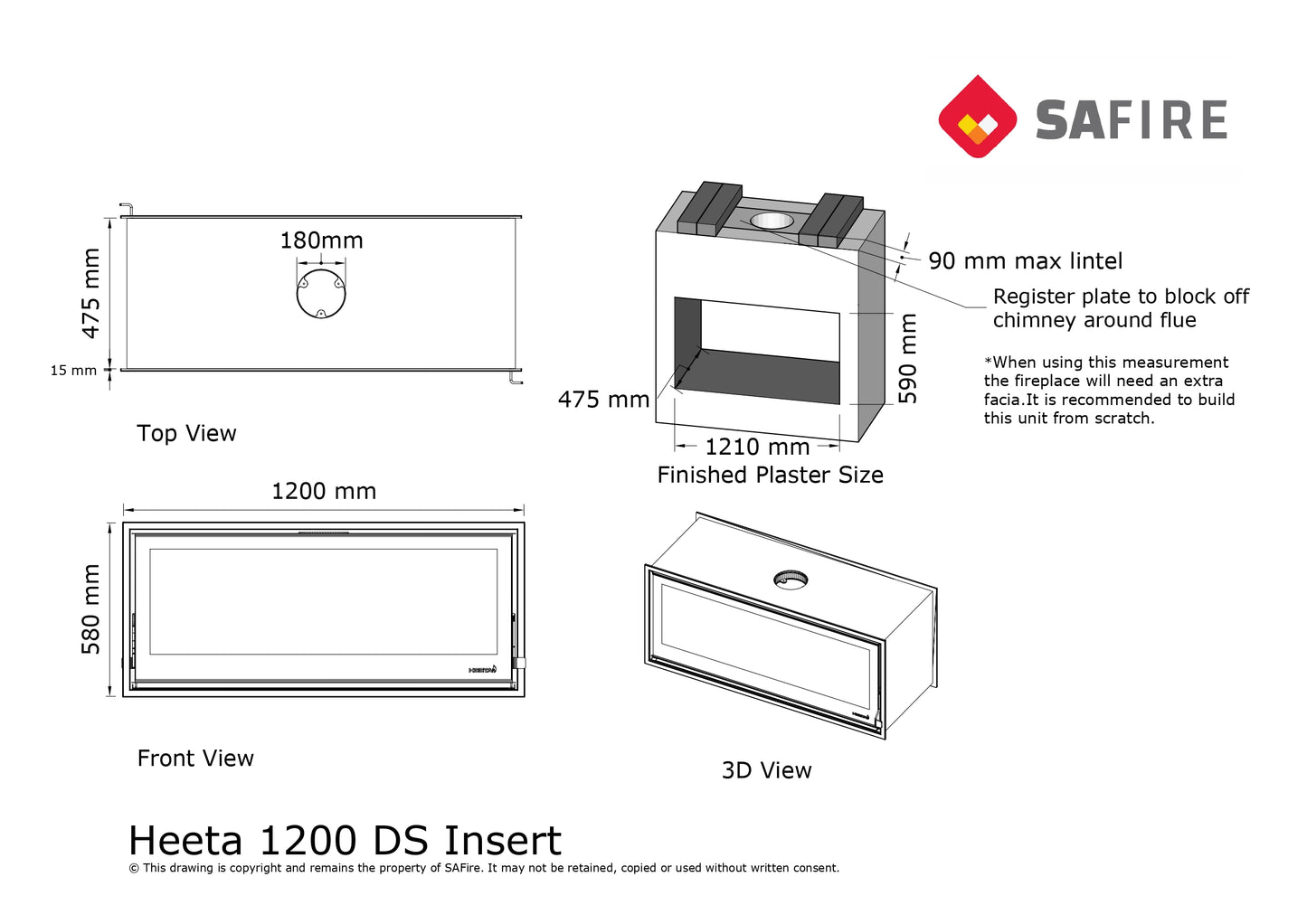 SAfire Heeta 1200 Double Sided Wood Fireplace Insert