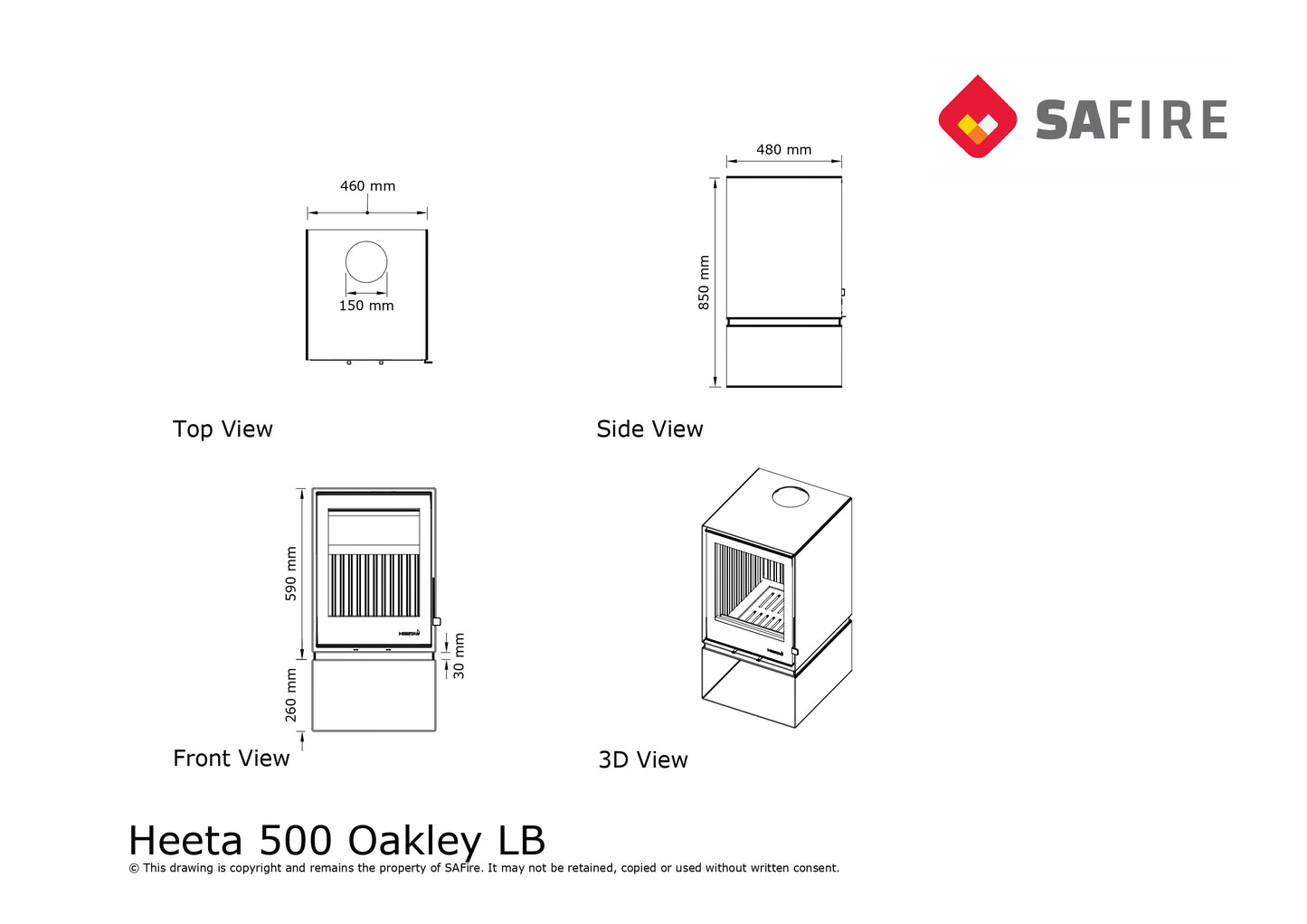 SAfire Heeta 500 Oakley Log Base Wood Fireplace