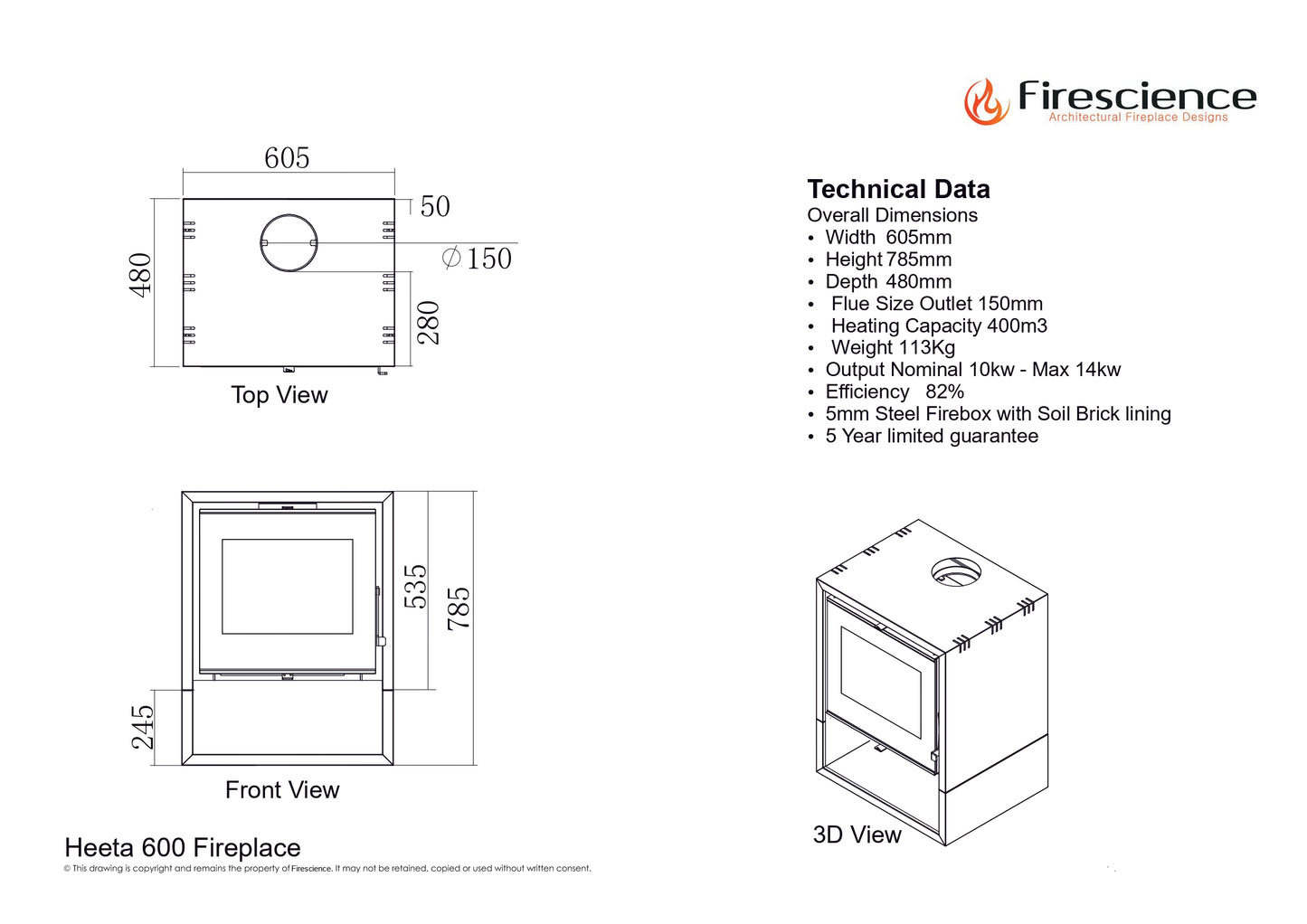 SAfire Heeta 600 Log Base Wood Fireplace