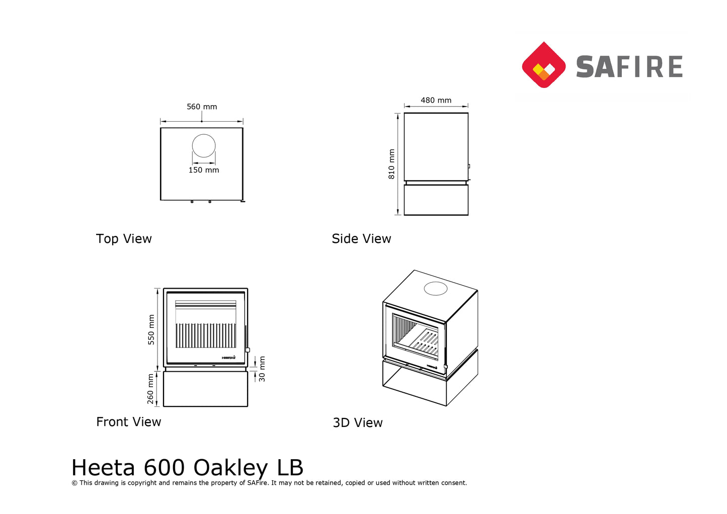 SAfire Heeta 600 Oakley Log Base Wood Fireplace